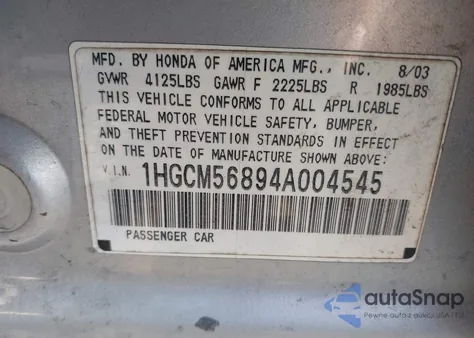 2004 Honda Accord 2.4 Ex из США, поврежденный, VIN 1HGCM56894A004545